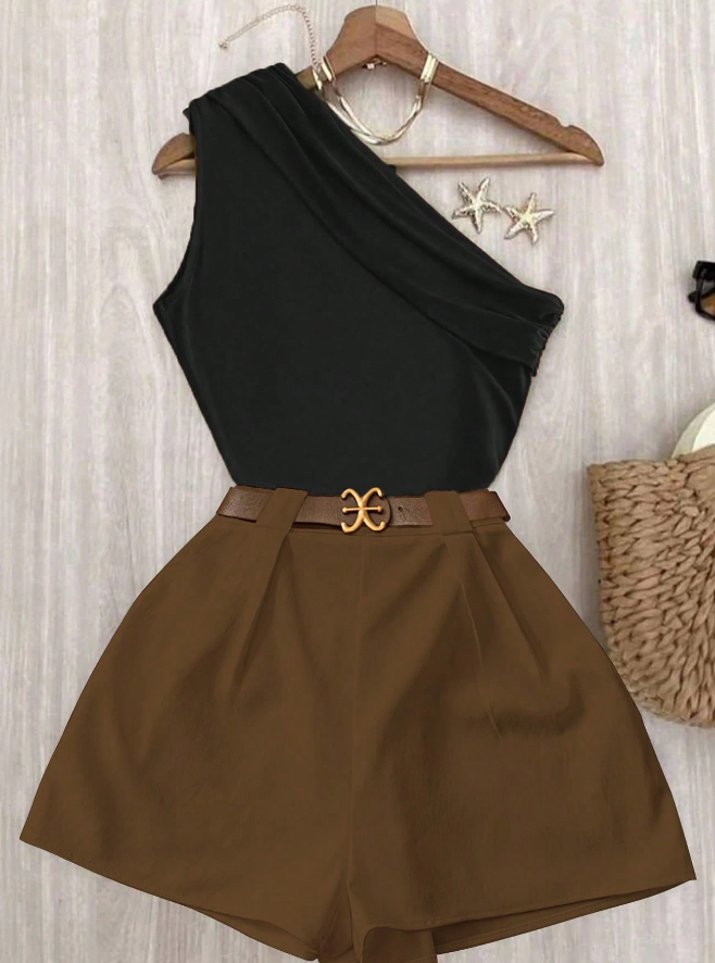 Roelina One-Shoulder Chic Shorts Set