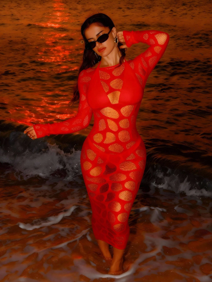 Women's Mesh Long Sleeve Bodycon Beach Cover-Up Dress