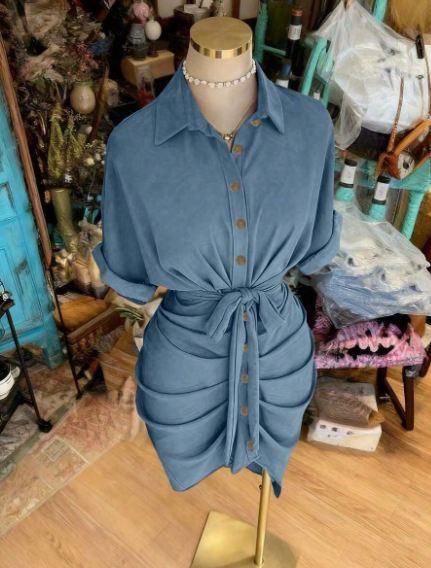Women's Button-Up Tie Waist Casual Shirt Dress