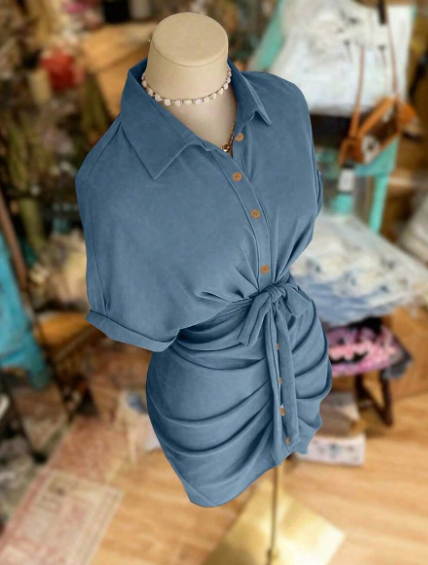 Women's Button-Up Tie Waist Casual Shirt Dress