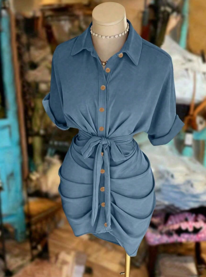 Women's Button-Up Tie Waist Casual Shirt Dress