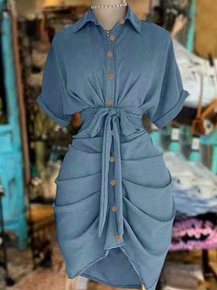 Women's Button-Up Tie Waist Casual Shirt Dress
