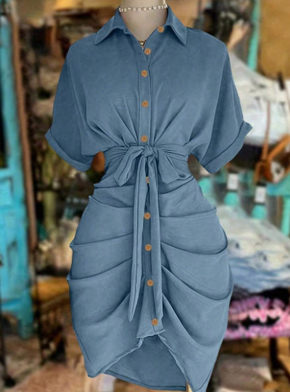 Women's Button-Up Tie Waist Casual Shirt Dress