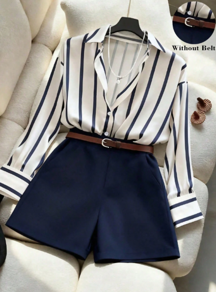 Franclia Women's Navy & White Striped Shirt & Shorts Set