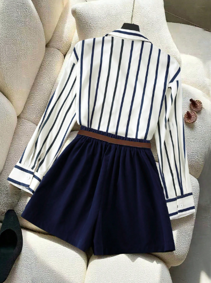 Franclia Women's Navy & White Striped Shirt & Shorts Set