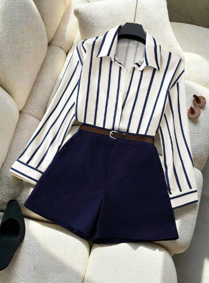 Franclia Women's Navy & White Striped Shirt & Shorts Set