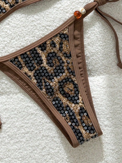 Swim Vcay Leopard Print Sequin Bikini Set