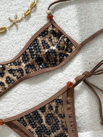Swim Vcay Leopard Print Sequin Bikini Set