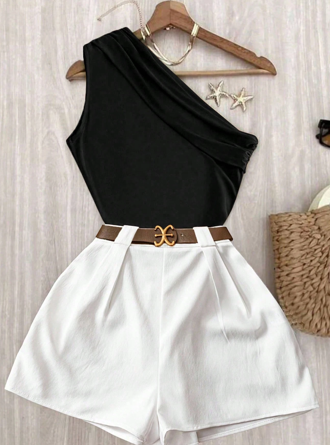 Roelina One-Shoulder Chic Shorts Set
