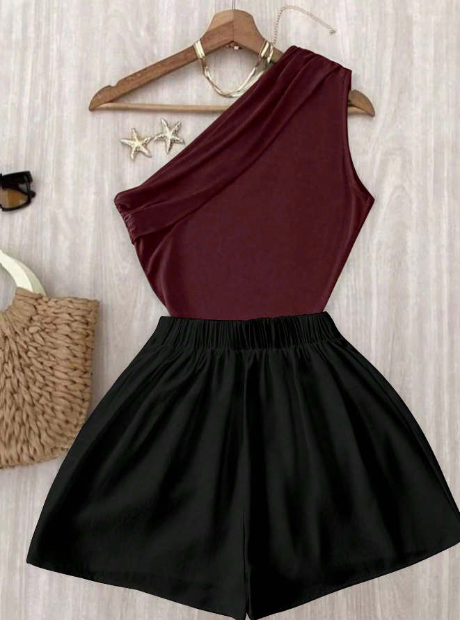 Roelina One-Shoulder Chic Shorts Set