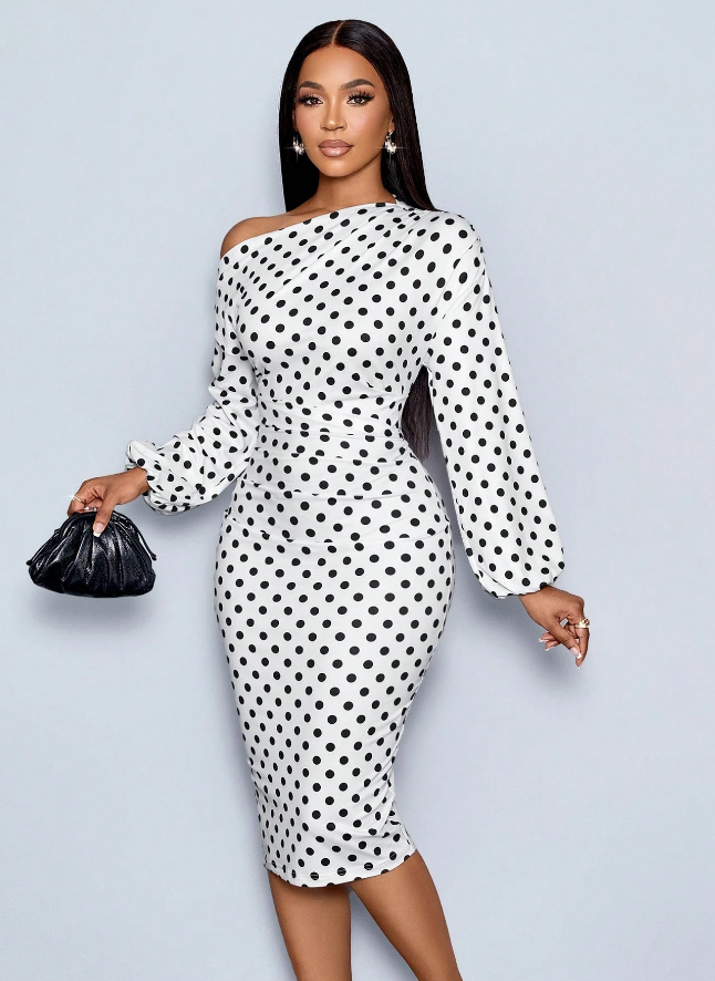 SOLERSUN Polka Dot Off-Shoulder Midi Dress