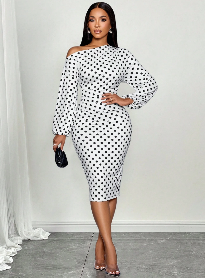 SOLERSUN Polka Dot Off-Shoulder Midi Dress