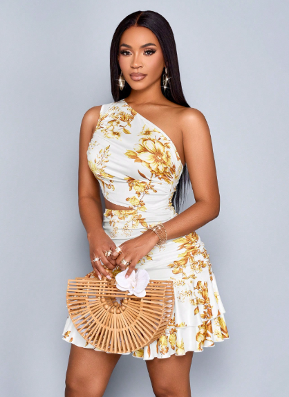 SOLERSUN Floral One-Shoulder Cut-Out Mini Dress