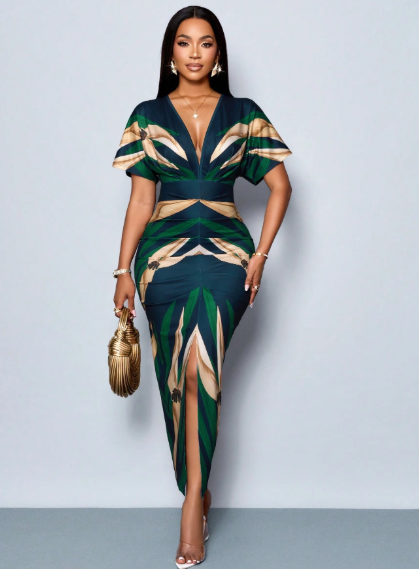 SOLERSUN Elegant Printed Deep V-Neck Slit Maxi Dress
