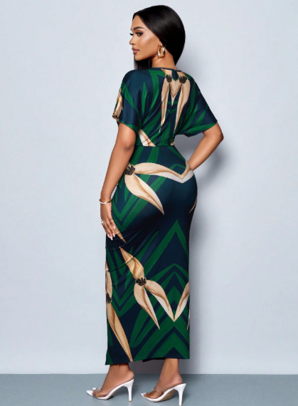 SOLERSUN Elegant Printed Deep V-Neck Slit Maxi Dress