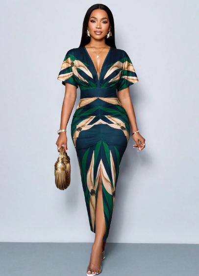 SOLERSUN Elegant Printed Deep V-Neck Slit Maxi Dress