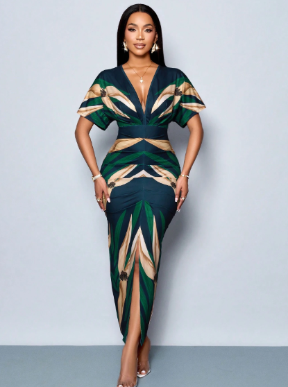 SOLERSUN Elegant Printed Deep V-Neck Slit Maxi Dress