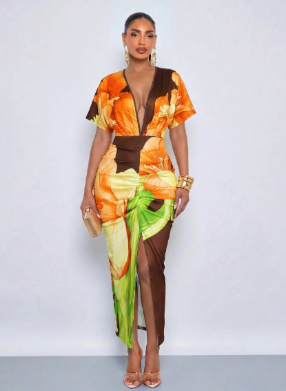 SOLERSUN Elegant Printed Deep V-Neck Slit Maxi Dress