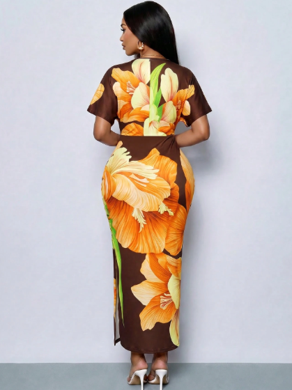 SOLERSUN Elegant Printed Deep V-Neck Slit Maxi Dress
