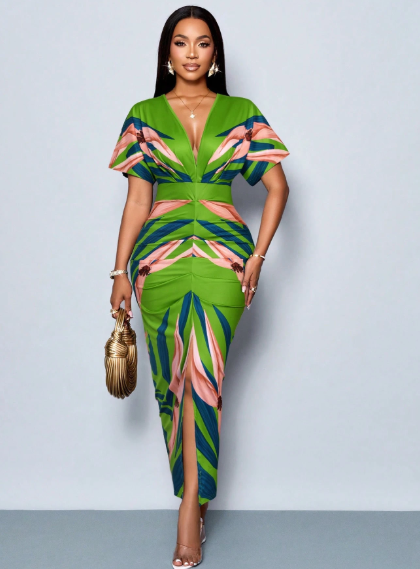 SOLERSUN Elegant Printed Deep V-Neck Slit Maxi Dress