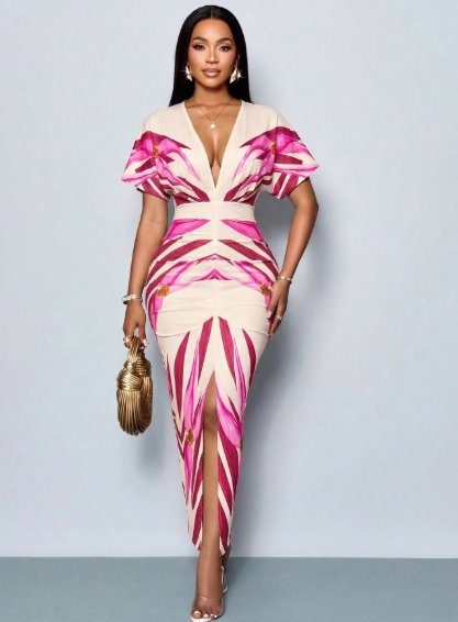 SOLERSUN Elegant Printed Deep V-Neck Slit Maxi Dress