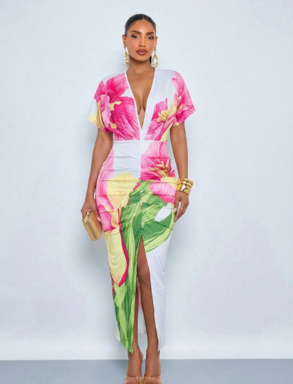 SOLERSUN Elegant Printed Deep V-Neck Slit Maxi Dress