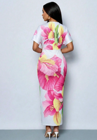 SOLERSUN Elegant Printed Deep V-Neck Slit Maxi Dress