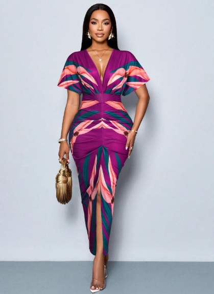 SOLERSUN Elegant Printed Deep V-Neck Slit Maxi Dress