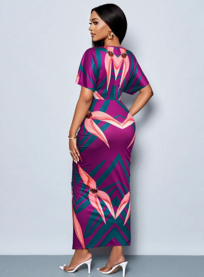 SOLERSUN Elegant Printed Deep V-Neck Slit Maxi Dress