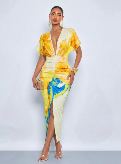 SOLERSUN Elegant Printed Deep V-Neck Slit Maxi Dress