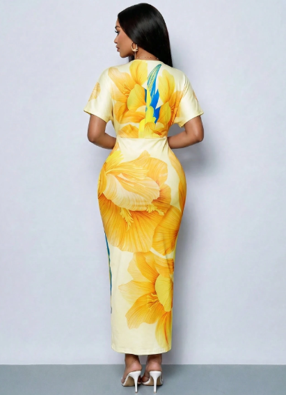SOLERSUN Elegant Printed Deep V-Neck Slit Maxi Dress