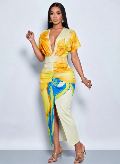 SOLERSUN Elegant Printed Deep V-Neck Slit Maxi Dress
