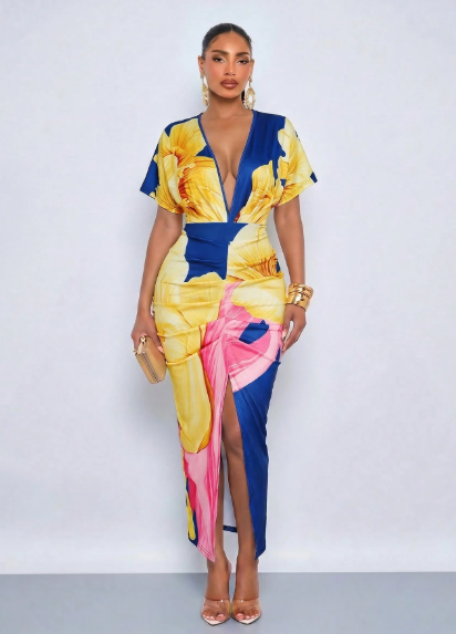 SOLERSUN Elegant Printed Deep V-Neck Slit Maxi Dress