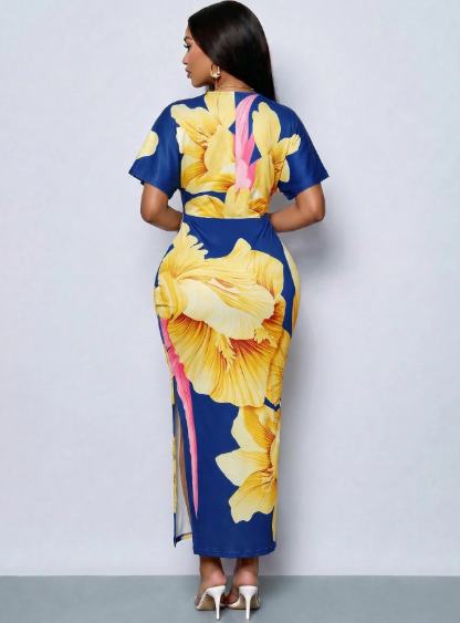 SOLERSUN Elegant Printed Deep V-Neck Slit Maxi Dress