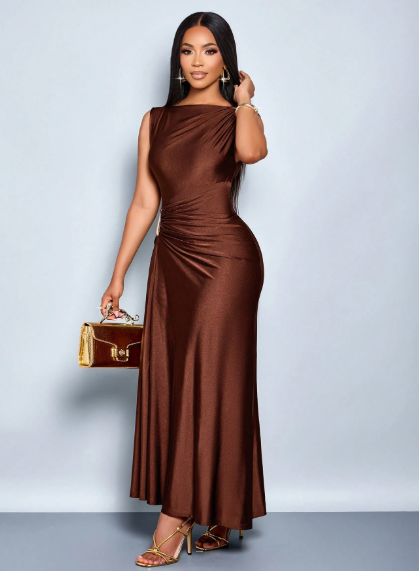 SOLERSUN Elegant Metallic Detail Ruched Maxi Dress