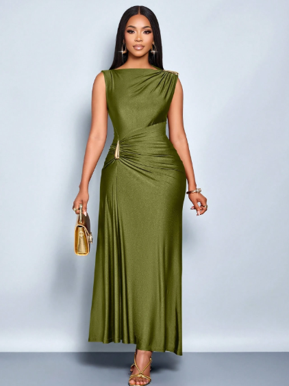 SOLERSUN Elegant Metallic Detail Ruched Maxi Dress