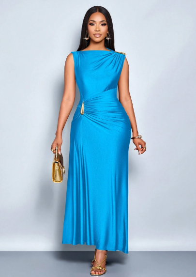 SOLERSUN Elegant Metallic Detail Ruched Maxi Dress