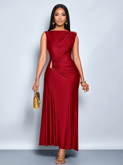 SOLERSUN Elegant Metallic Detail Ruched Maxi Dress