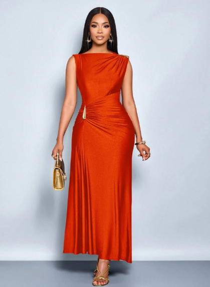 SOLERSUN Elegant Metallic Detail Ruched Maxi Dress