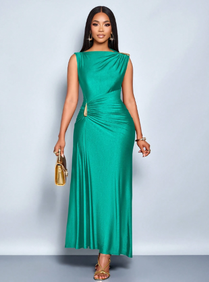 SOLERSUN Elegant Metallic Detail Ruched Maxi Dress