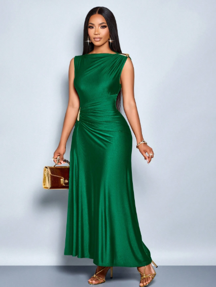 SOLERSUN Elegant Metallic Detail Ruched Maxi Dress