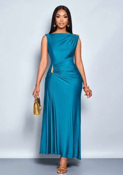 SOLERSUN Elegant Metallic Detail Ruched Maxi Dress