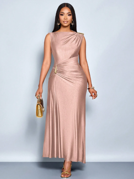 SOLERSUN Elegant Metallic Detail Ruched Maxi Dress