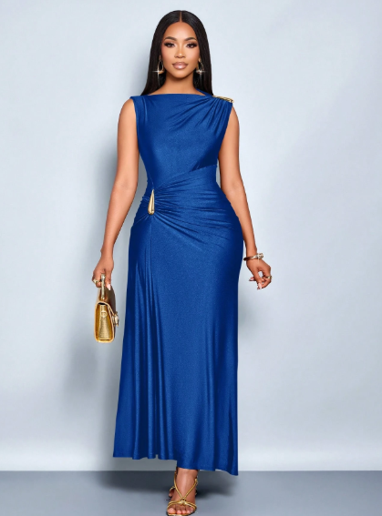 SOLERSUN Elegant Metallic Detail Ruched Maxi Dress