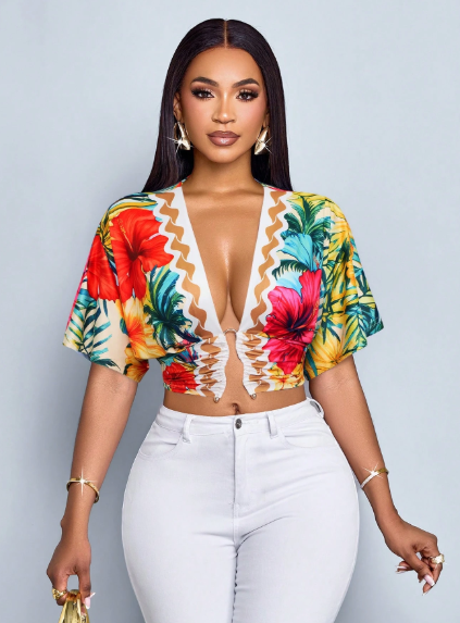 SOLERSUN Tropical Floral Deep V-Neck Crop Top