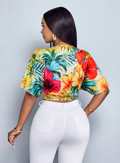 SOLERSUN Tropical Floral Deep V-Neck Crop Top
