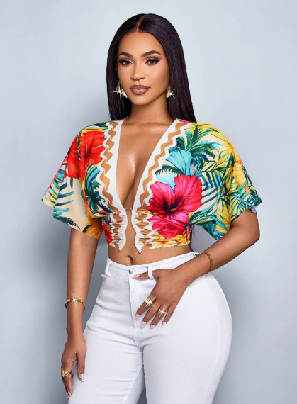 SOLERSUN Tropical Floral Deep V-Neck Crop Top