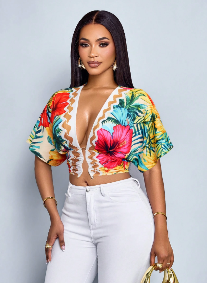 SOLERSUN Tropical Floral Deep V-Neck Crop Top