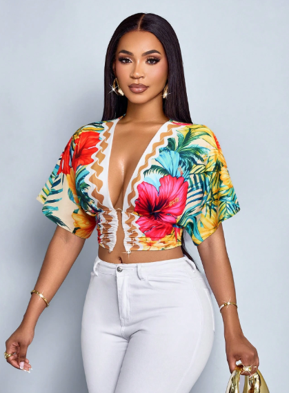SOLERSUN Tropical Floral Deep V-Neck Crop Top