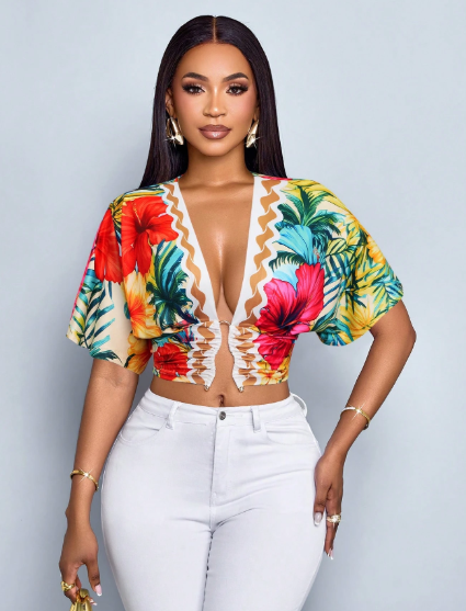 SOLERSUN Tropical Floral Deep V-Neck Crop Top